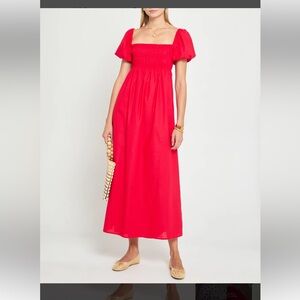 Few Moda Kourt Bright Red Smocked Midi Dress with Puff Sleeves